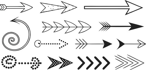 Various Arrow Designs – Creative Arrow Shapes, Symbols, and Graphics,Black arrow designs pointing,including single arrows,double arrows, outline arrows,circular arrows,Display of various arrow designs