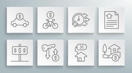 Set line House with dollar, Bicycle rental mobile app, Rent key, percant, Clock, contract and Car icon. Vector