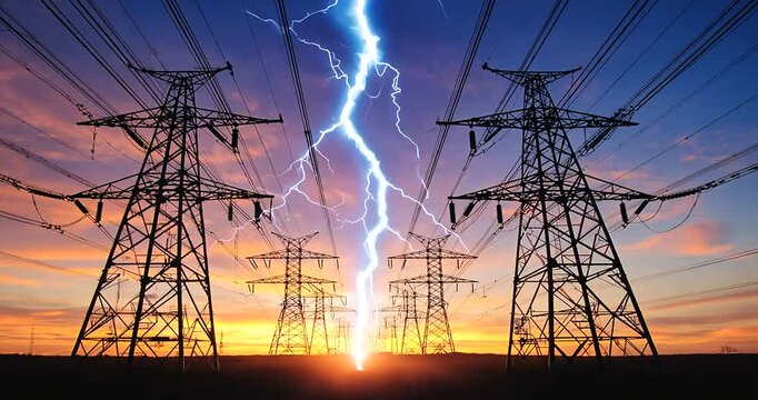 Dramatic lightning strikes power lines during a vibrant sunset, illuminating the landscape