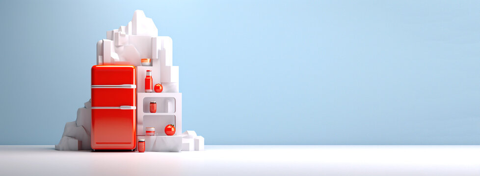 red refrigerator boasts a cool retro style and minimal design, making it a standout appliance for any vintage kitchen. Great for a banner with customizable copy space.