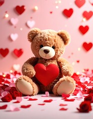A fluffy brown teddy bear sits amidst scattered rose petals and paper hearts, holding a red heart, perfect for Valentine's Day