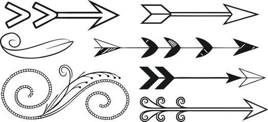 Various Arrow Designs – Creative Arrow Shapes, Symbols, and Graphics,Black arrow designs pointing,including single arrows,double arrows, outline arrows,circular arrows,Display of various arrow designs