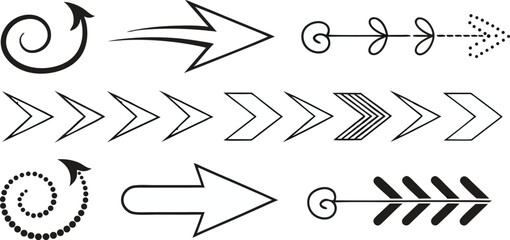 Various Arrow Designs – Creative Arrow Shapes, Symbols, and Graphics,Black arrow designs pointing,including single arrows,double arrows, outline arrows,circular arrows,Display of various arrow designs