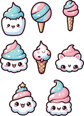 Cute cartoon pink ice cream, cupcakes, and dessert illustrations, for a sweet birthday party celebration
