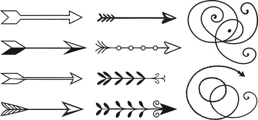 Various Arrow Designs – Creative Arrow Shapes, Symbols, and Graphics,Black arrow designs pointing,including single arrows,double arrows, outline arrows,circular arrows,Display of various arrow designs