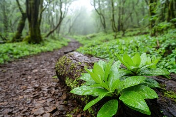 Forest path through lush green plants on fallen tree log