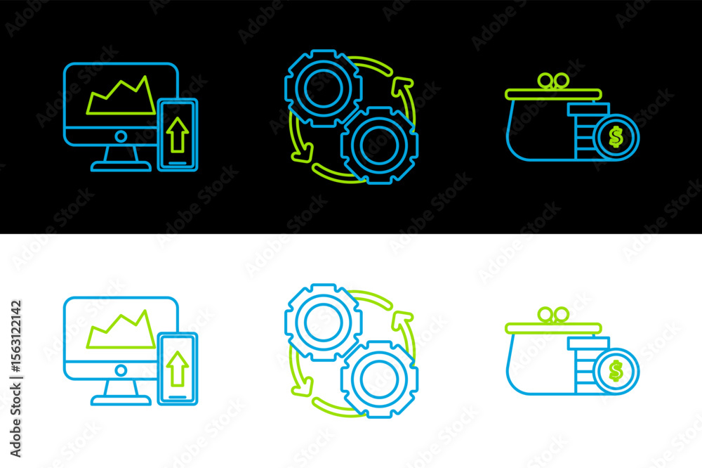 Poster set line wallet with coins, financial chart or graph on the computer monitor and mobile phone and ge