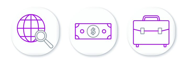 Set line Briefcase, Magnifying glass with globe and Stacks paper money cash icon. Vector