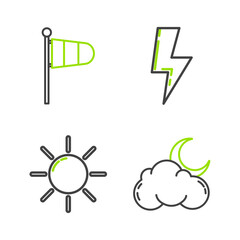Set line Cloud with moon and stars, Sun, Lightning bolt and Cone meteorology windsock wind vane icon. Vector