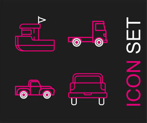 Set line Pickup truck, Delivery cargo vehicle and Fishing boat icon. Vector