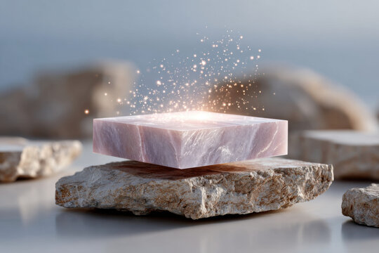 Empty marble cube floating on rock with golden glitter dust