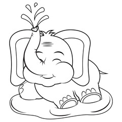Cartoon elephant bathing. Coloring page for kids.