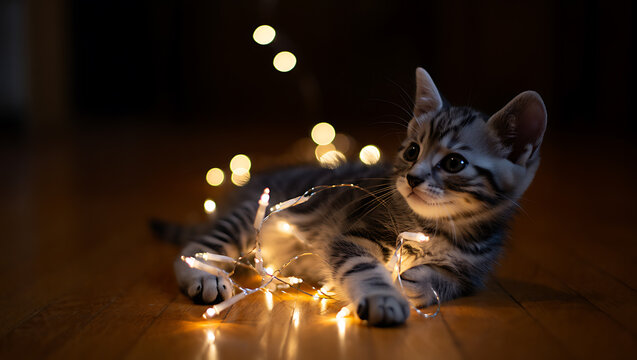 Adorable tabby kitten plays with warm string lights on a wooden floor in the dark: International cat day