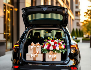 Delivering romance with vibrant floral arrangements and carefully wrapped gifts in a luxury car trunk during a celebration