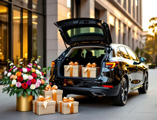 Surprise flower and gift delivery in a luxury car's trunk on a city street setting