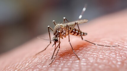 Macro shot of mosquito biting human skin, sucking blood. Illustrates diseases spread by insects, like malaria or Zika virus.