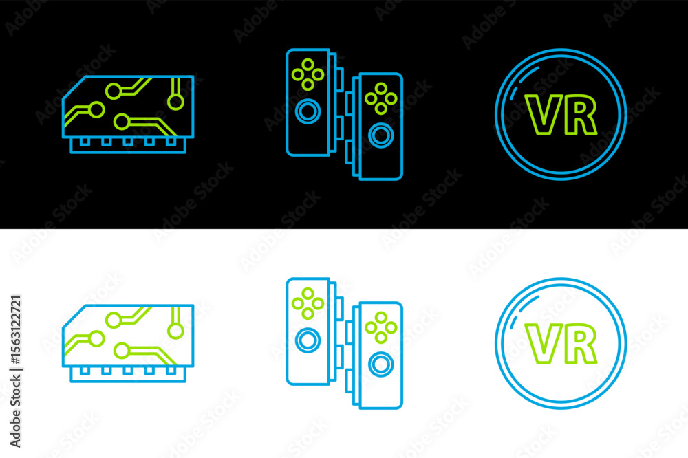 Poster set line virtual reality, ram, random access memory and gamepad icon. vector