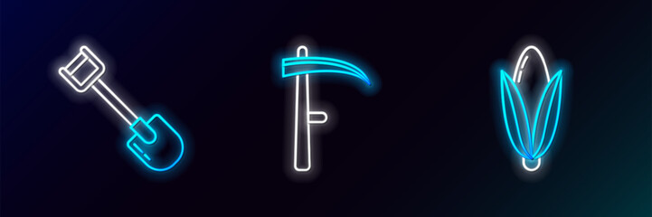 Set line Corn, Shovel and Scythe icon. Glowing neon. Vector
