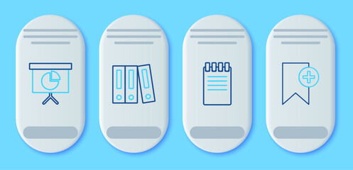 Set line Office folders with papers and documents, Notebook, Presentation financial board graph, schedule, chart, diagram, infographic, pie graph and Bookmark icon. Vector