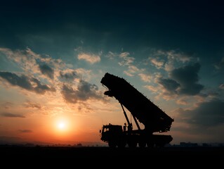 Silhouette of a missile launcher at sunset.