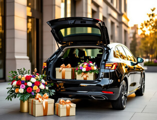 Surprise gift delivery with flowers and luxury car at sunset in an urban setting