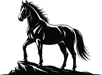 Black Horse Standing on Rock Silhouette black and white