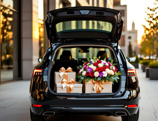 Luxury car trunk filled with floral arrangements and gift boxes for surprise delivery in the city at sunset