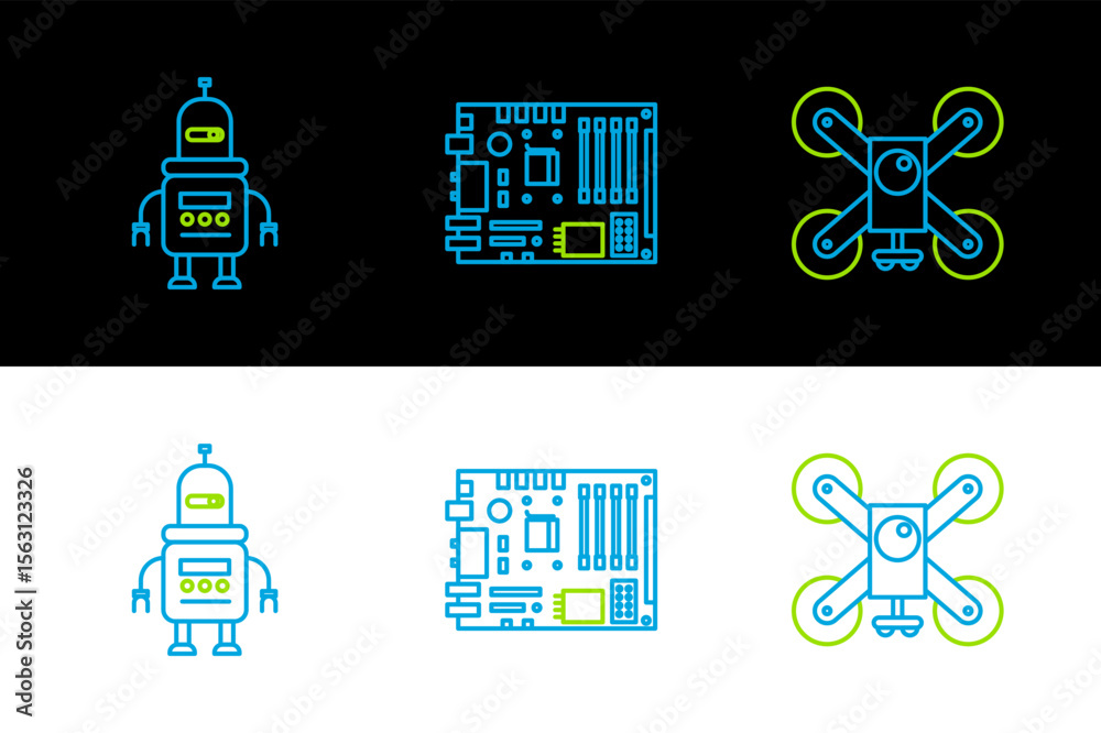 Poster set line drone flying with action camera, robot and electronic computer components motherboard digit