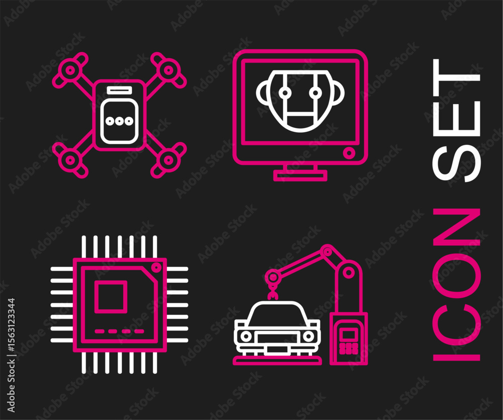 Poster set line industrial machine robotic robot arm hand, processor with microcircuits cpu, bot and drone 