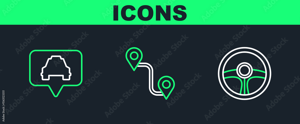 Poster set line steering wheel, map pointer with taxi and route location icon. vector