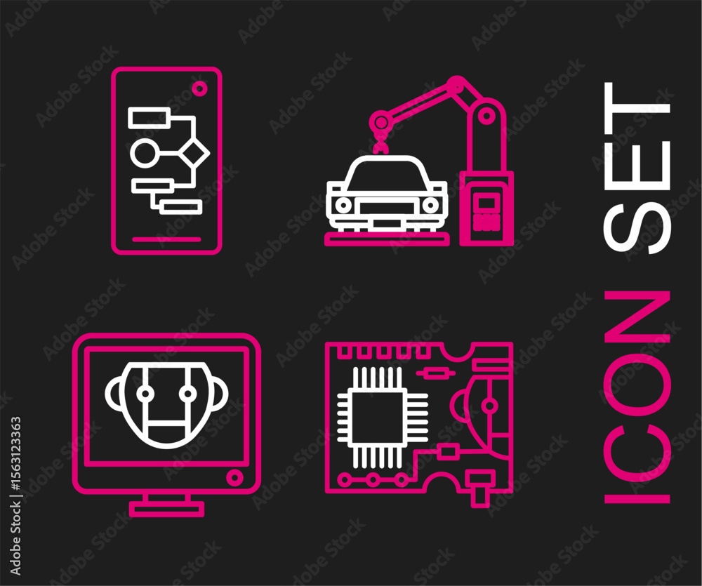 Poster set line printed circuit board pcb, bot, industrial machine robotic robot arm hand and algorithm ico