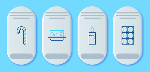 Set line Nougat with nuts, Burning candle in candlestick, Christmas candy cane stripes and Chocolate bar icon. Vector