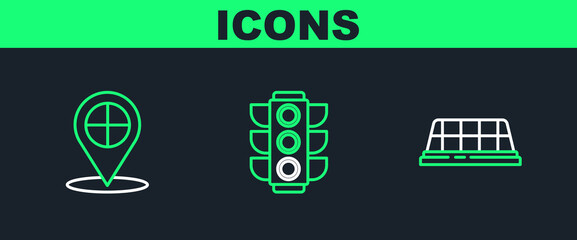 Set line Taxi car roof, Map pointer with taxi and Traffic light icon. Vector