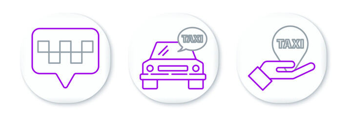 Set line Hand on map pointer with taxi, Map and Taxi car icon. Vector