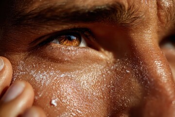 Extreme close-up of a sweaty face, with brown eyes looking off to the side. Ideal to illustrate skin care, beauty, health, or intense exercise.