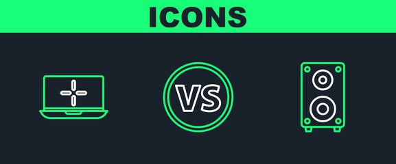 Set line Stereo speaker, Laptop and VS Versus battle icon. Vector