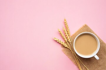 Healthy Breakfast Beverage with Wheat Stalks on a Pink Background