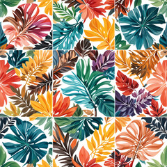 seamless pastel colored tropical leaf tile pattern with clear lines.