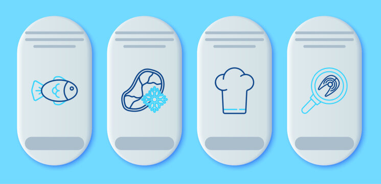 Set line Fresh frozen steak meat, Chef hat, Fish and in frying pan icon. Vector