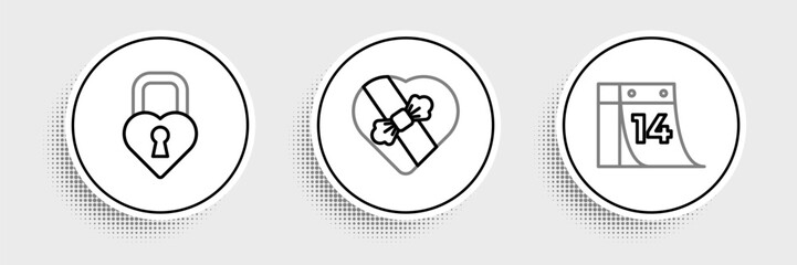 Set line Calendar with February 14, Castle in the shape of heart and Candy shaped box icon. Vector