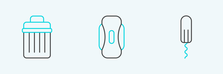 Set line Sanitary tampon, Trash can and napkin icon. Vector