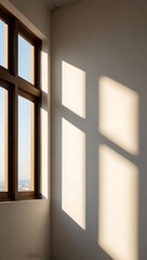 Warm sunlight streams through a large window casting dramatic shadows on a plain wall
