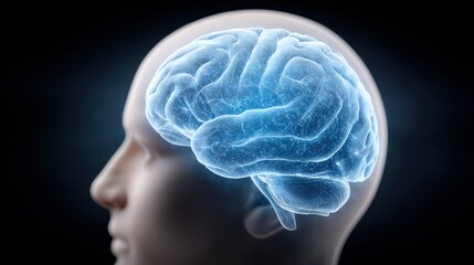 a human head with a hologram brain inside, representing memory loss, with clear copy space for text