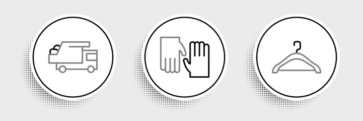 Set line Hanger wardrobe, Garbage truck and Rubber gloves icon. Vector