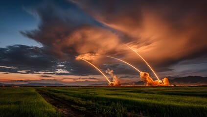 Rocket launches over a grassy field at sunset.