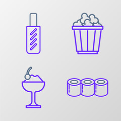 Set line Sushi, Ice cream in bowl, Popcorn box and Hotdog sandwich icon. Vector