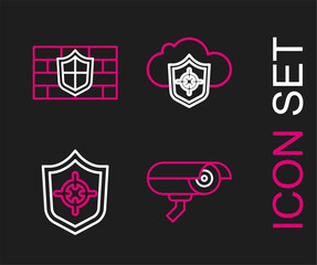Set line Security camera, Shield, Cloud and shield and with brick wall icon. Vector