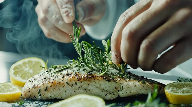 Chef preparing a seasoned fish dish with fresh herbs and lemon