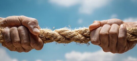 Two hands grip a thick rope, pulling in opposite directions.