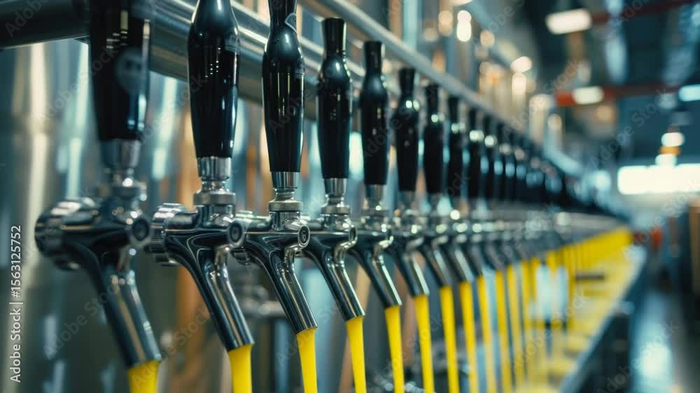 Poster row of beer taps on a metal wall in a bar or brewery setting, perfect for use as background image